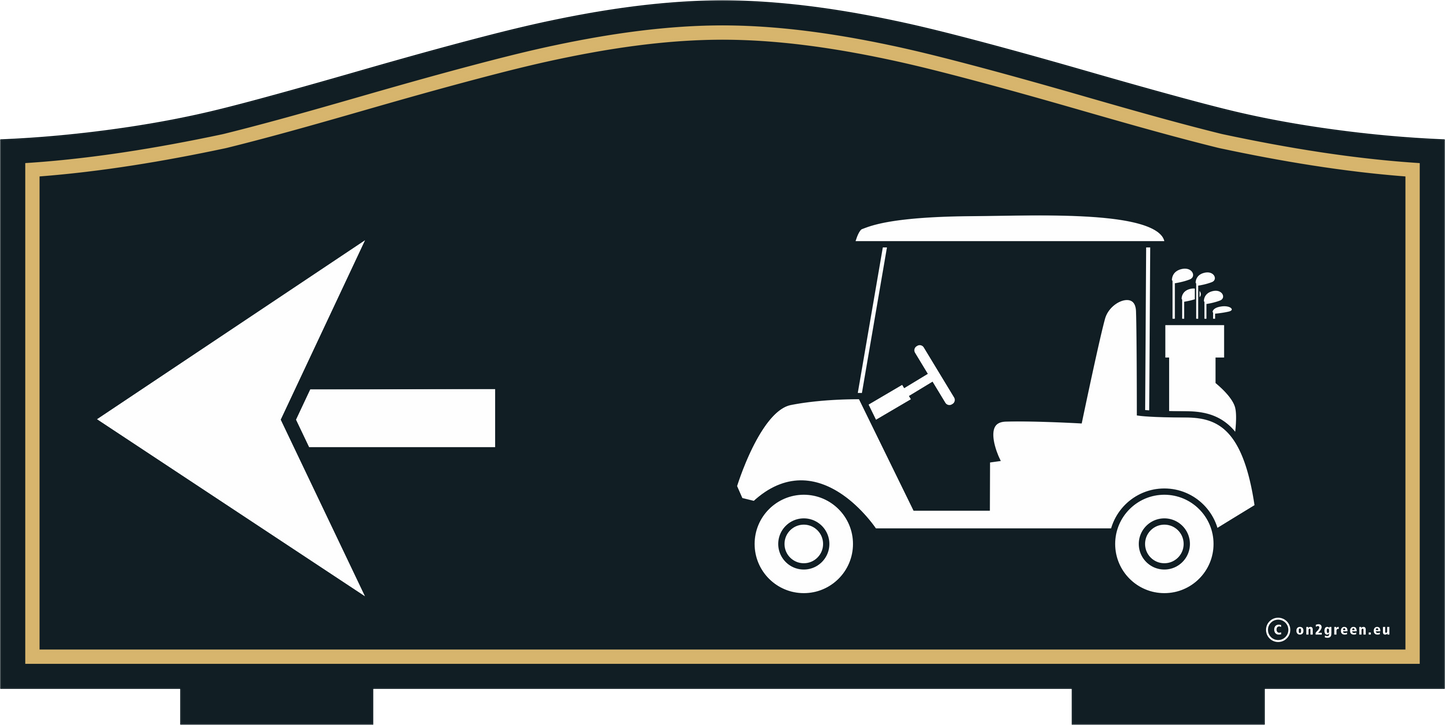 Golfskylt: NEXT TEE - Golfbil pil vänster