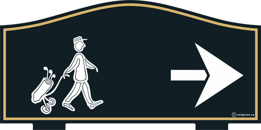 Golfskylt: NEXT TEE - Golfmand pil höger