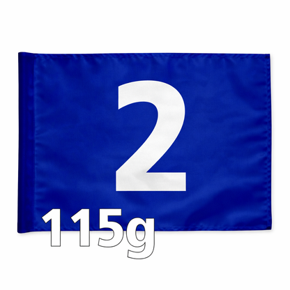Styckvis golf flagga i blå med valfritt hålnummer, 115 gram flaggduk