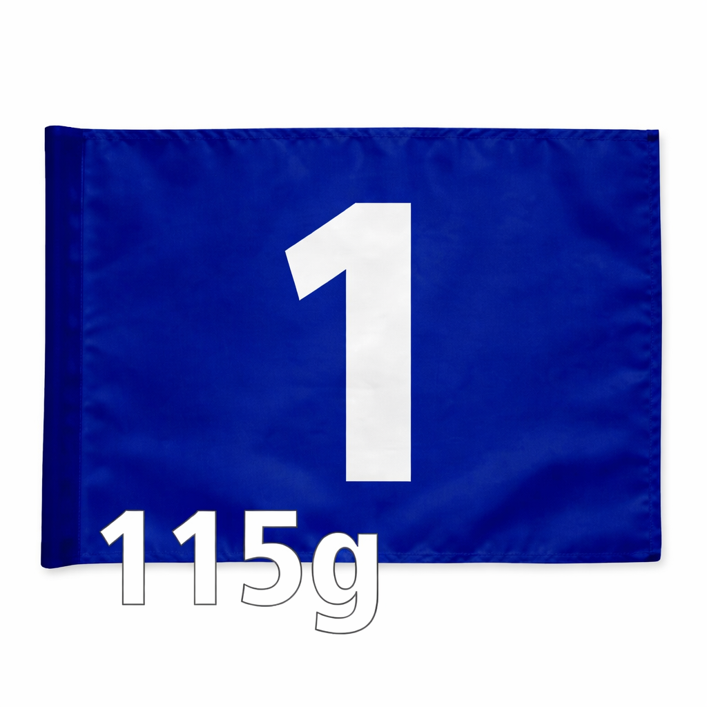 Styckvis golf flagga i blå med valfritt hålnummer, 115 gram flaggduk